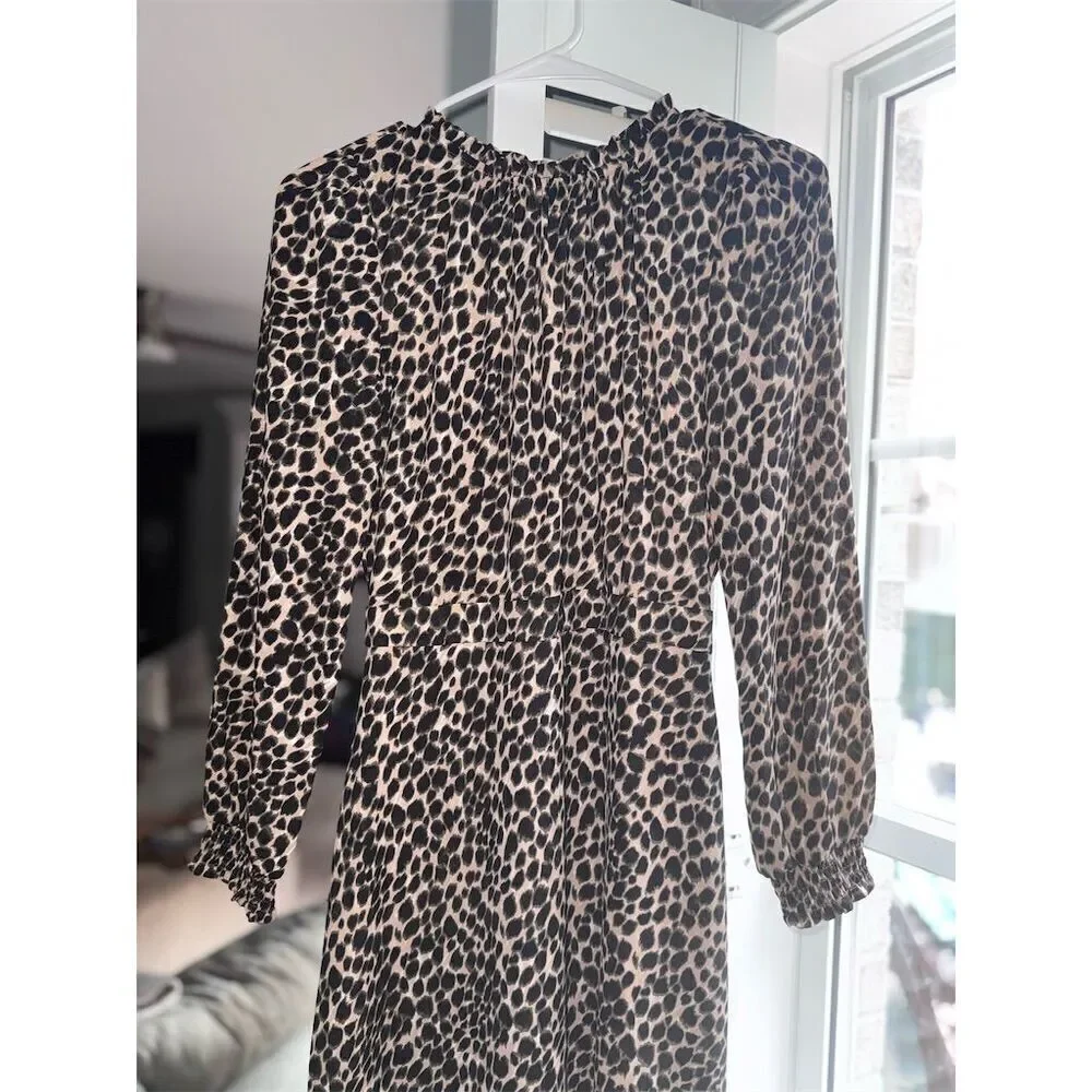 J.‎ Crew Women's Leopard Print Ruffle Neck Midi Dress Size 0 Brown